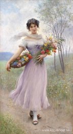 Flicka i en lila-färgad klänning med bukett blommor