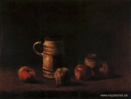 Stilleben med ölmugg och frukt