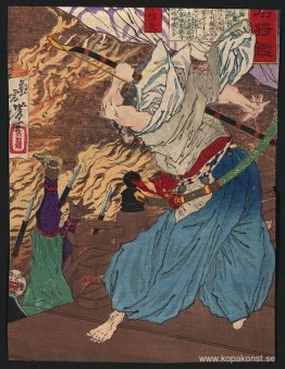 Oda Nobunaga slåss med en annan krigare som han slår av en byggn