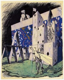 Gräshoppa framför ett korthus