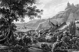 Staden Traben Trarbach och Grevenburg vid Moselfloden i Tyskland