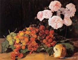 Stilleben med rosor, jordgubbar och bröd