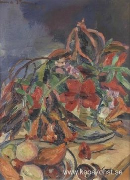 Stilleben med hibiskus, änglatrumpeter och frukter