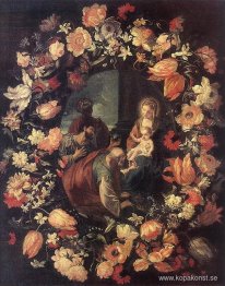 Tillbedjan av Magi i en blomsterkrans