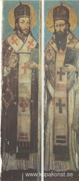 Ikon av Johannes Chrysostom och St. Basilius den store från byn