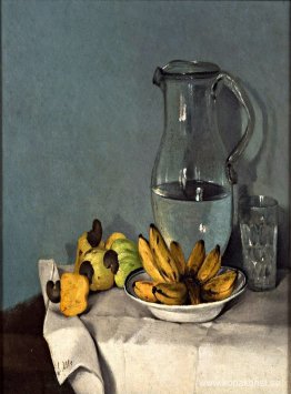 Stilleben med bananer, burk och cashewnötter 1870
