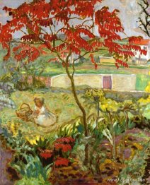 Trädgård med rött träd