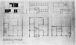 Design för hus och ateljé för Bertalan Pór, höjder och ritningar