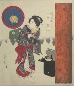 Kvinna som står vid lackbricka med Sake