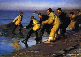 Fiskare som drar nätet på Skagens norra strand
