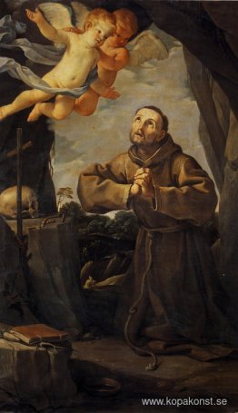 St Francis i bön med två änglar