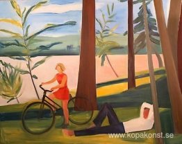 Maine, flicka med cykel och liggande man