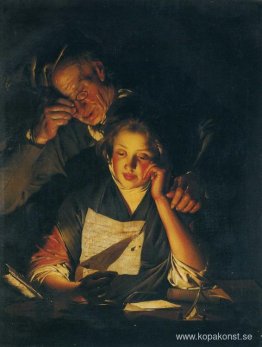 En flicka som läser ett brev, med en gammal man som läser över h