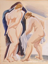 Två nakna kvinnliga figurer med en trasa