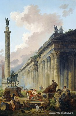 Fantasifull utsikt över Rom med ryttarstatyn av Marcus Aurelius,
