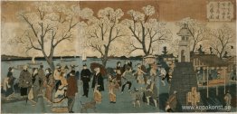 Japansk triptyk som visar japanska och utländska människor som g
