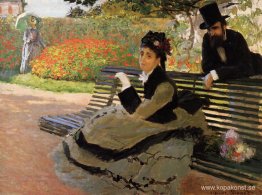 Camille Monet på en trädgårdsbänk