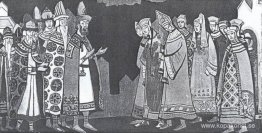 Scenen med de två stora figurgrupperna i kostymer