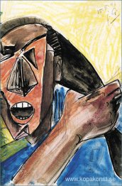 Visage criant a la grande main