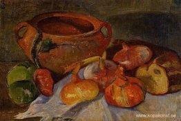 Stilleben: grop, lök, bröd och gröna äpplen