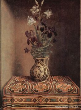 Stilleben med en kanna med blommor. Baksidan av Porträttet av en
