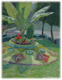 Landskap med palmträd och blommande rabatt