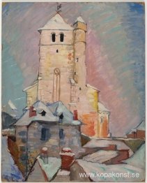 Untitled (Kyrka i snö med roshimlen)