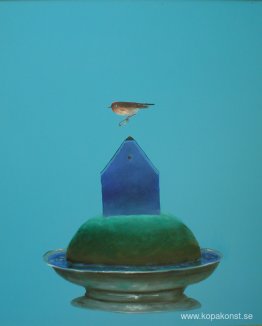 Fågel med ring och blått hus