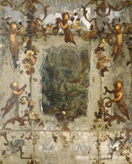 Spegel dekorerad med putti, blommor och akantusrullar