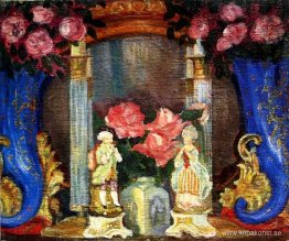 Stilleben med porslinsfigurer och rosor