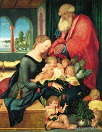 Helig familj i rummet med fem änglar