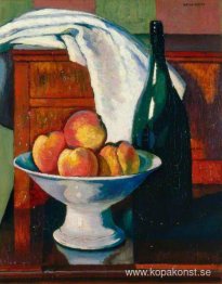 Stilleben med frukt och en flaska