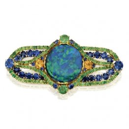 Karat guld, platina, opal, safir och granatbrosch