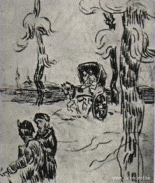 Vagn och två figurer på en väg