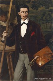 Porträtt av en målare framför staffliet