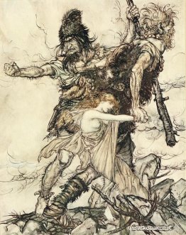 Fasolt griper plötsligt Freia och drar henne åt sidan med Fafner