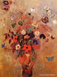 Vas med blommor och fjärilar