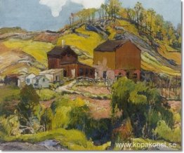 Kuperat landskap med hus
