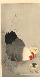 Höna och två ungar i gräs