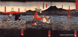 Kagesue, Takatsuna och Shigetada korsar Uji-floden