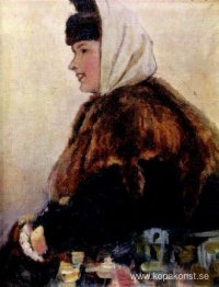 Porträtt av ung kvinna i pälsrock med muff