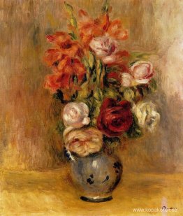 Vas med gladiolor och rosor