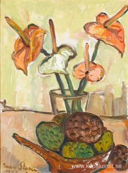 Stilleben med anthurium och frukt