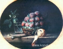 Stilleben med plommon och en citron