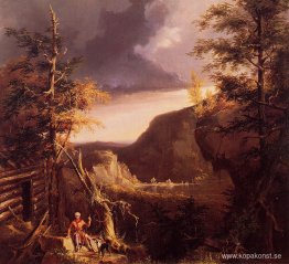 Daniel Boone sitter vid dörren till sin stuga på Great Osage Lak