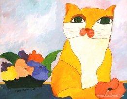 Gul katt och blommor