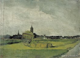 Landskap med hövagn, kyrktorn och väderkvarn