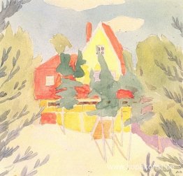 Landskap med huset med rött tak