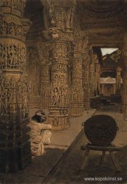 Kolonnaden i Jain-templet vid Abu-berget på kvällen