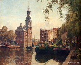 Blomstermarknaden på Singel, Amsterdam, med Munttoren bortom